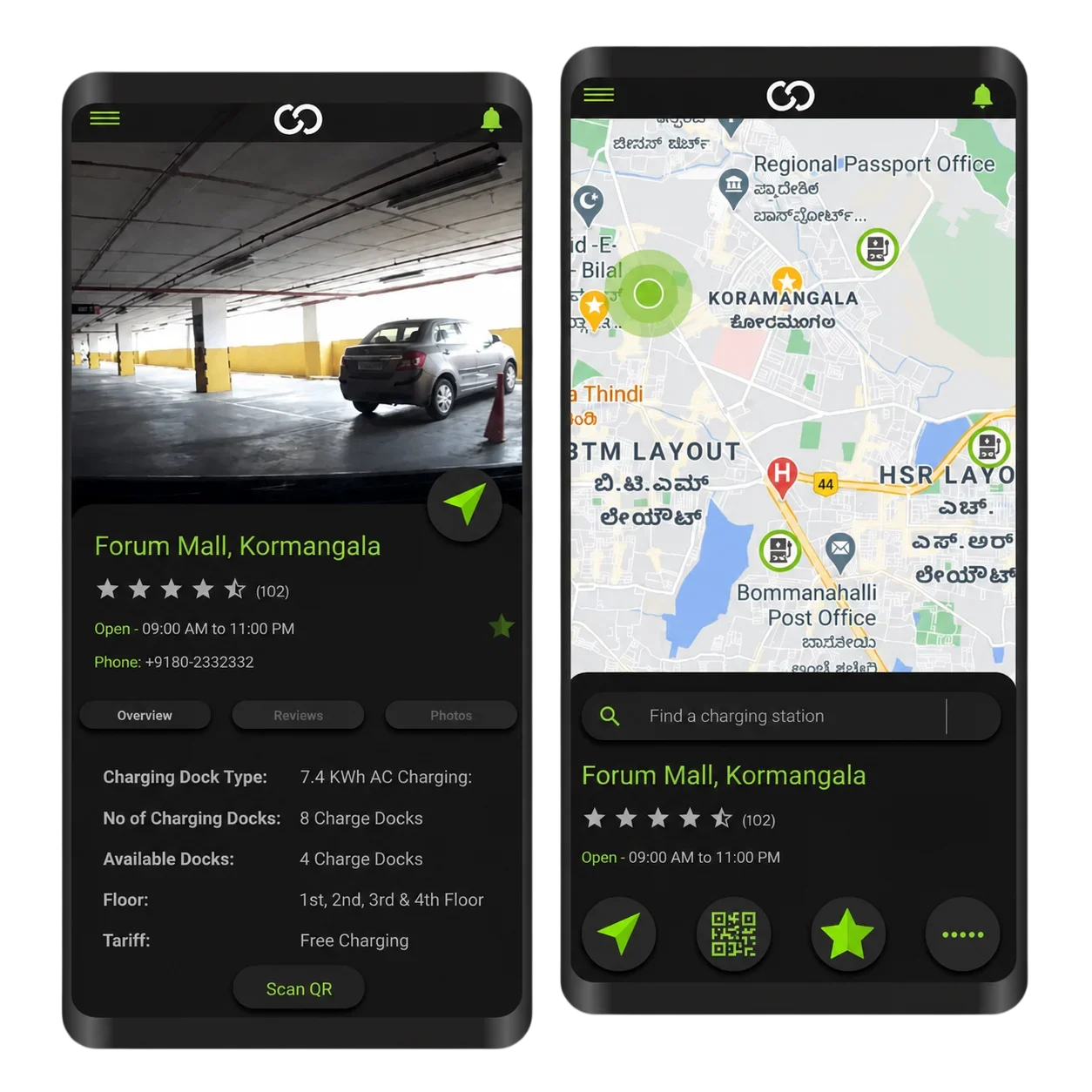 ChargeDock map view and station details screen