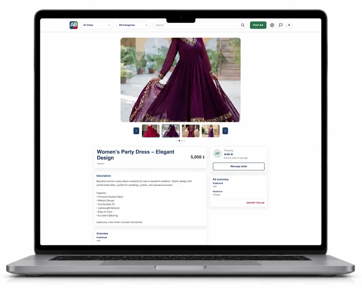 Marketplace product details page with images, pricing, and seller information