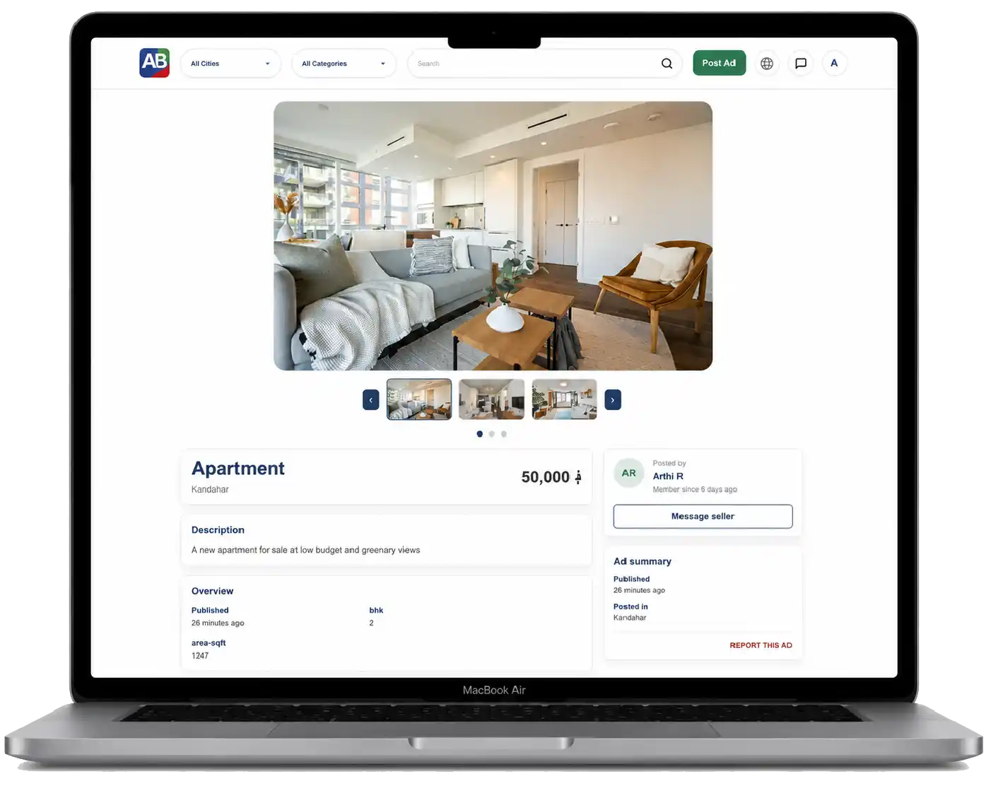 Marketplace product details page with images, pricing, and seller information
