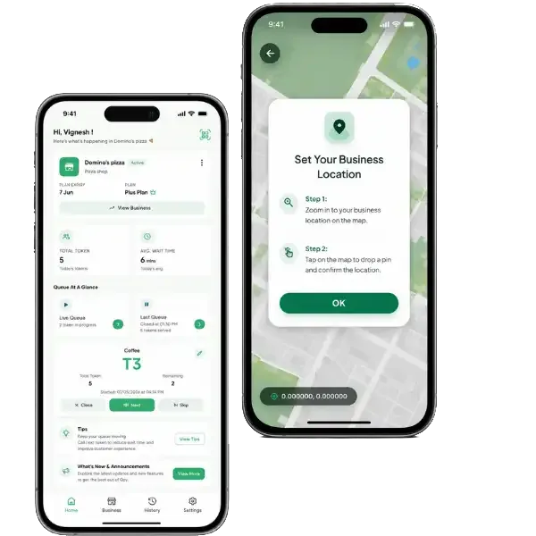 QZY App Dashboard and Location picker Screen