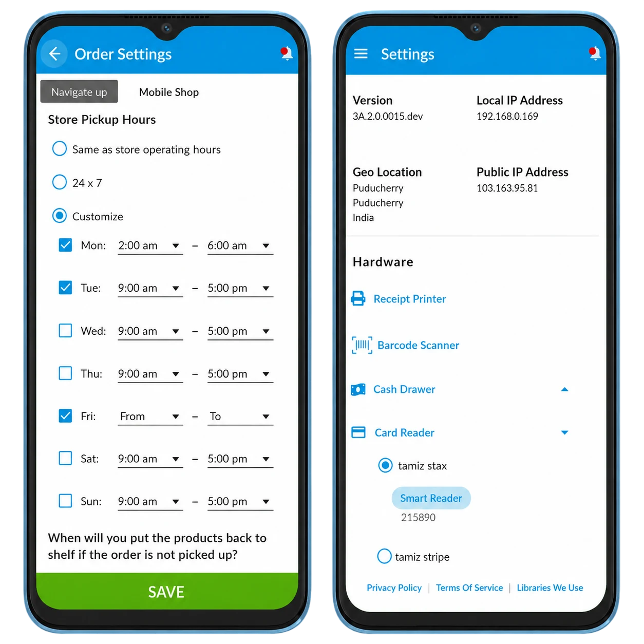 Shelfperks Order settings and platform settings screen